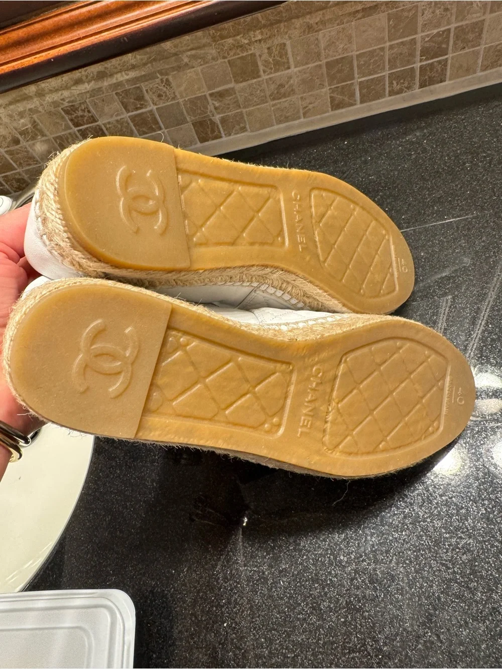 CHANEL White Quilted Espadrilles with Beige Cap Toe and CC Logo